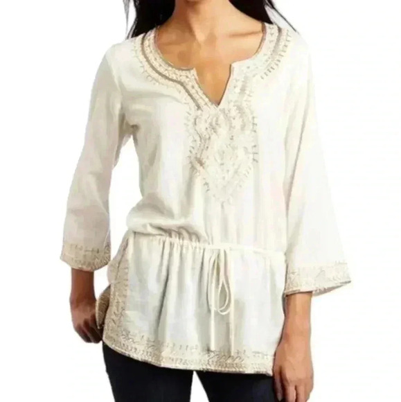 Lucky Brand Top Boho Cream Metallic Gold Embroidered Women's  size Extra Small - Picture 1 of 13